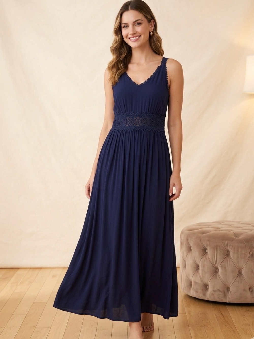 Nina Leonard Navy Blue Crochet Lace Empire Waist Maxi Dress XL⁠